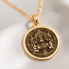 14K solid gold Durga Warrior Goddess Pendant: round  of Hindu goddess Durga warrior dei...