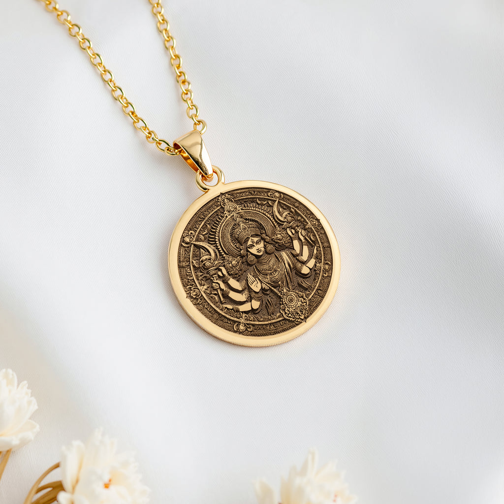 14K solid gold Durga Warrior Goddess Pendant: round  of Hindu goddess Durga with engrav...