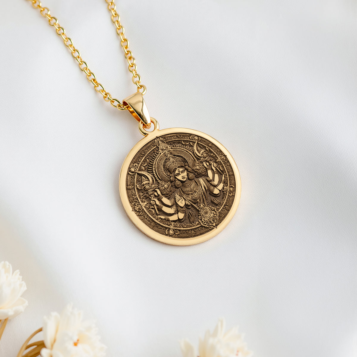 14K solid gold Durga Warrior Goddess Pendant: round  of Hindu goddess Durga with engrav...