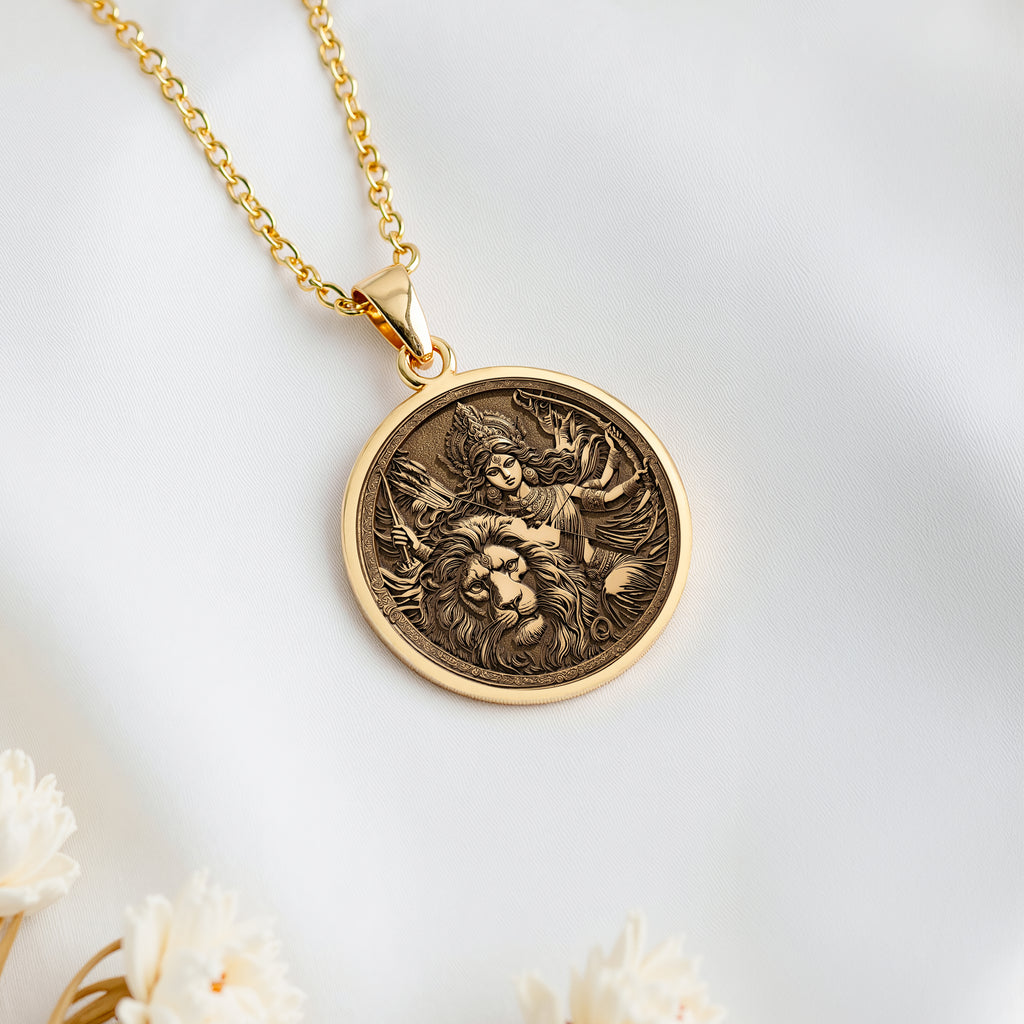 14K solid gold Durga Warrior Goddess Pendant: round  of Hindu goddess Durga warrior dei...
