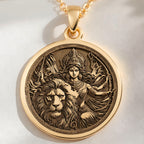 14K solid gold Durga Warrior Goddess Pendant: round  of Hindu goddess Durga warrior dei...
