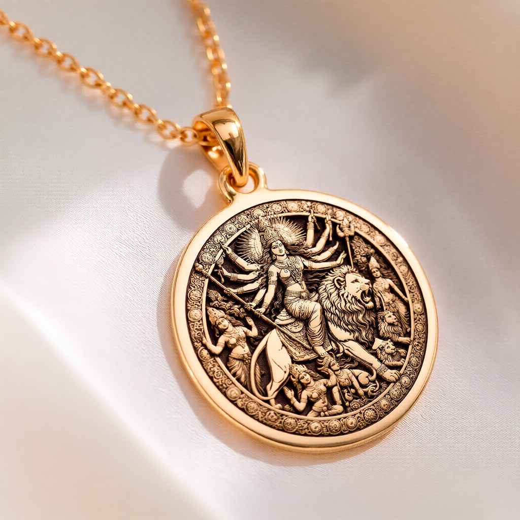 Durga Warrior Goddess Pendant Necklaces 14K 14K Gold Plated pendant necklace featuring a classical mythological scene of a female figure and lion.
