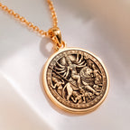 Durga Warrior Goddess Pendant Necklaces 14K 14K Gold Plated pendant necklace featuring a classical mythological scene of a female figure and lion.