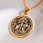Durga Warrior Goddess Pendant Necklaces 14K 14K Gold Plated pendant necklace featuring a classical figure riding a lion design.
