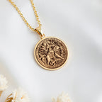 Durga Warrior Goddess Pendant Necklaces 14K 14K Gold Plated round pendant with a detailed classical scene design necklace.