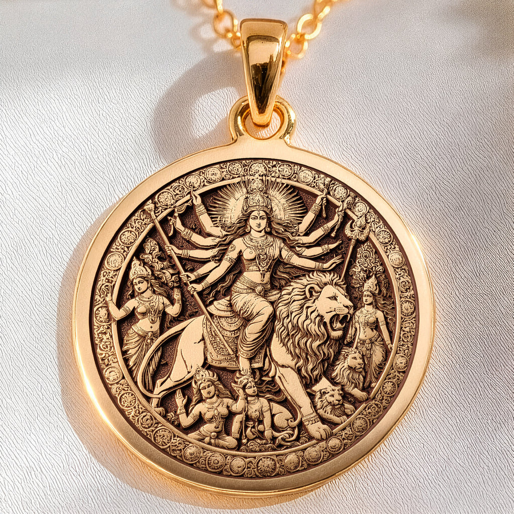Durga Warrior Goddess Pendant Necklaces 14K 14K Gold Plated pendant featuring a circular relief of a mythological female figure with a lion and surrounding figures.