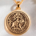 Durga Warrior Goddess Pendant Necklaces 14K 14K Gold Plated pendant featuring a circular relief of a mythological female figure with a lion and surrounding figures.