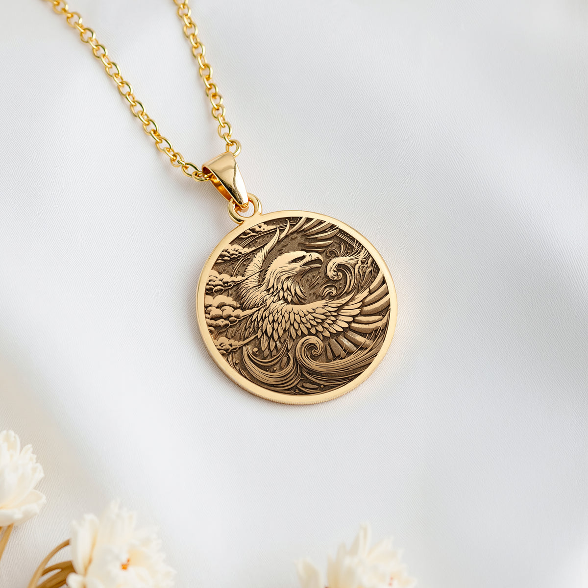 14K solid gold Eagle Totem Coin Necklace: round  American eagle bird of prey with engra...