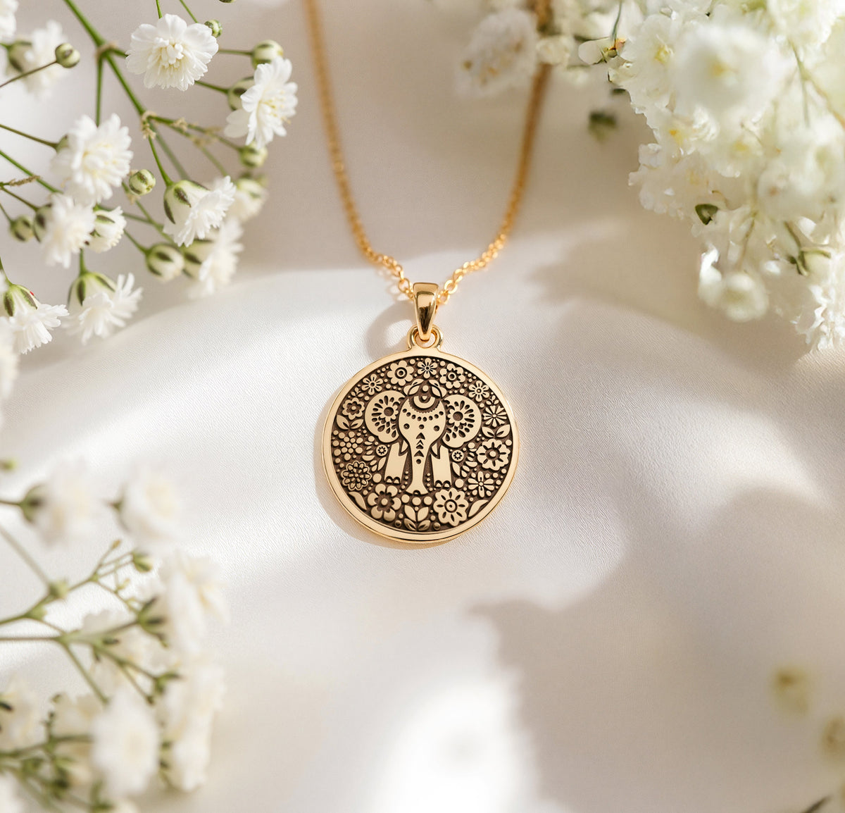 14K solid gold Ganesha Elephant God Pendant: round  of Ganesha Hindu elephant god with ...