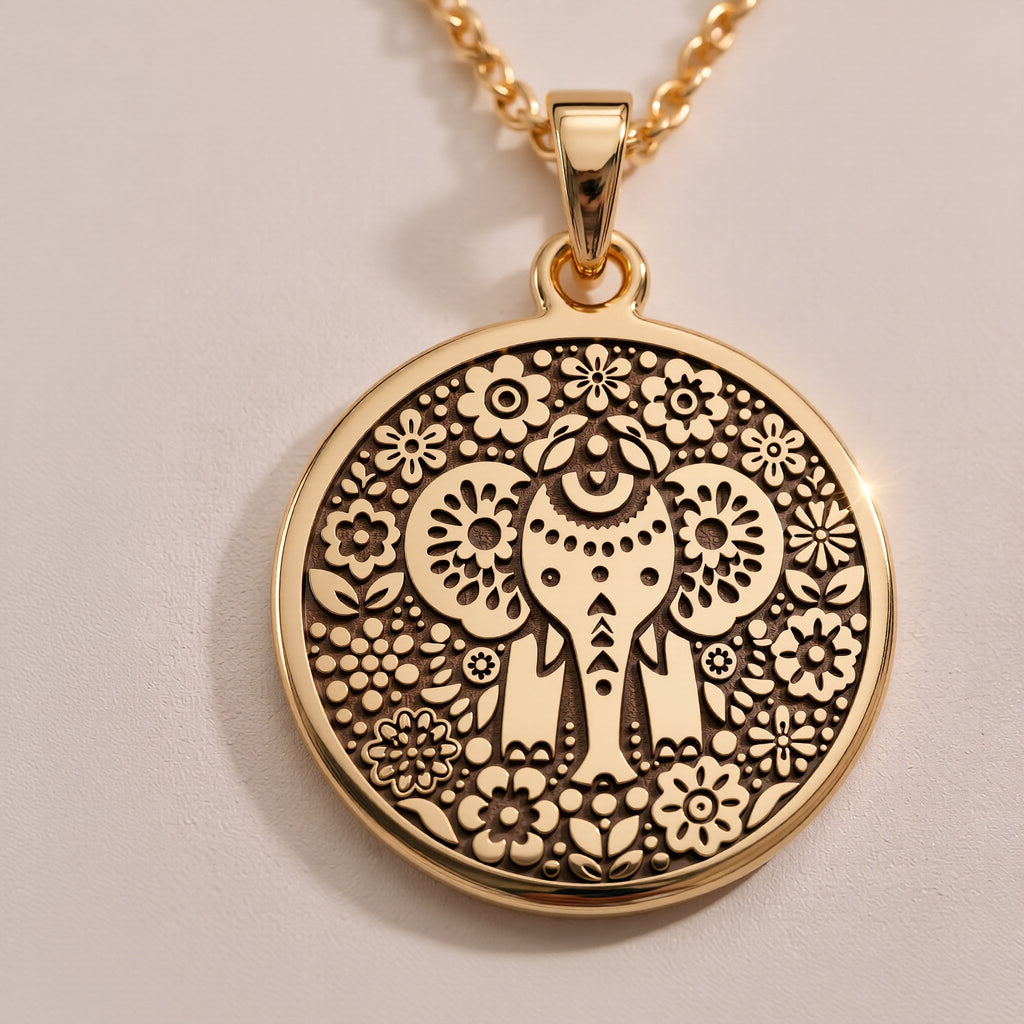 14K solid gold Ganesha Elephant God Pendant: round  of Hindu deity Ganesha with engrave...