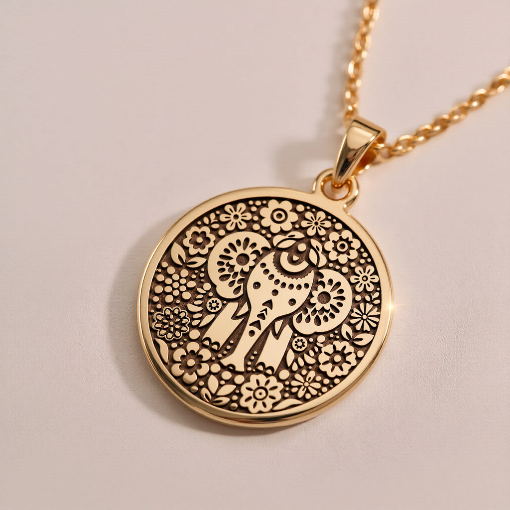 14K solid gold Ganesha Elephant God Pendant: round  of Hindu deity Lord Ganesha elephan...