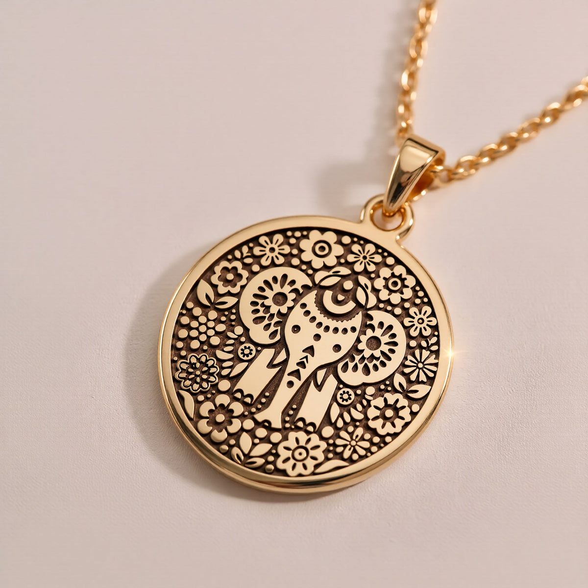 14K solid gold Ganesha Elephant God Pendant: round  of Hindu deity Lord Ganesha elephan...