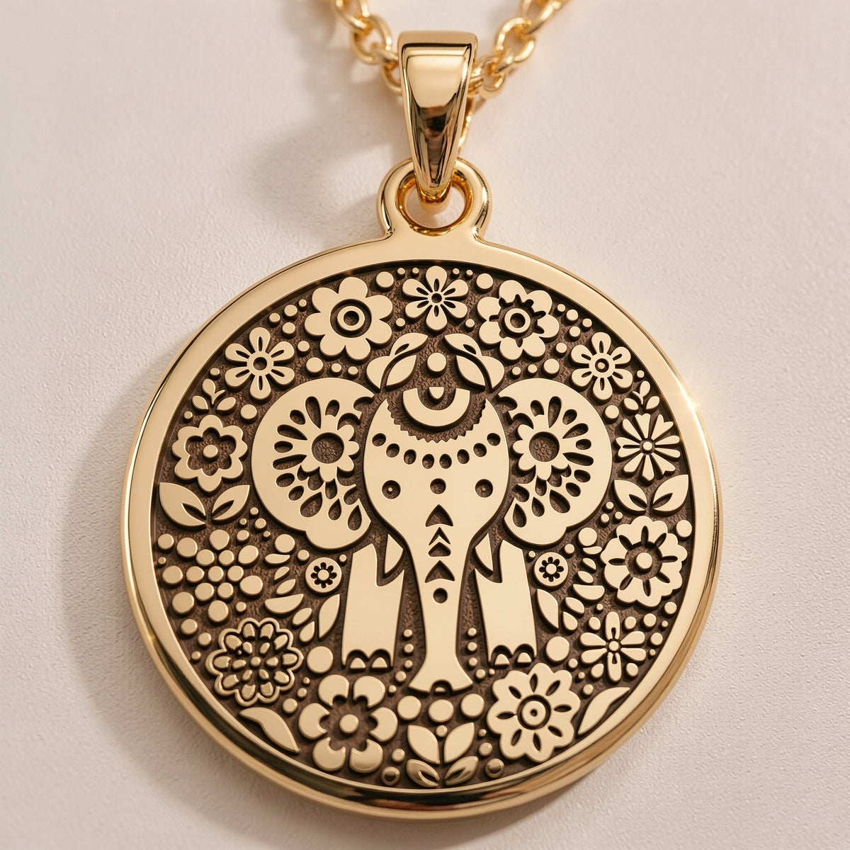 14K solid gold Ganesha Elephant God Pendant: round  of Hindu deity Lord Ganesha with in...