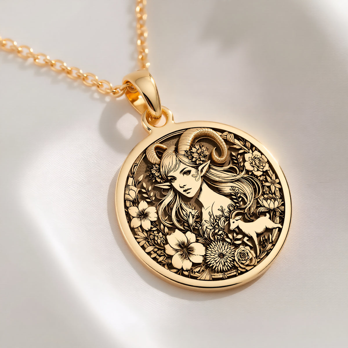 14K solid gold Capricorn Sea Goat Tail Zodiac Necklace: round  of Capricorn sea goat zo...