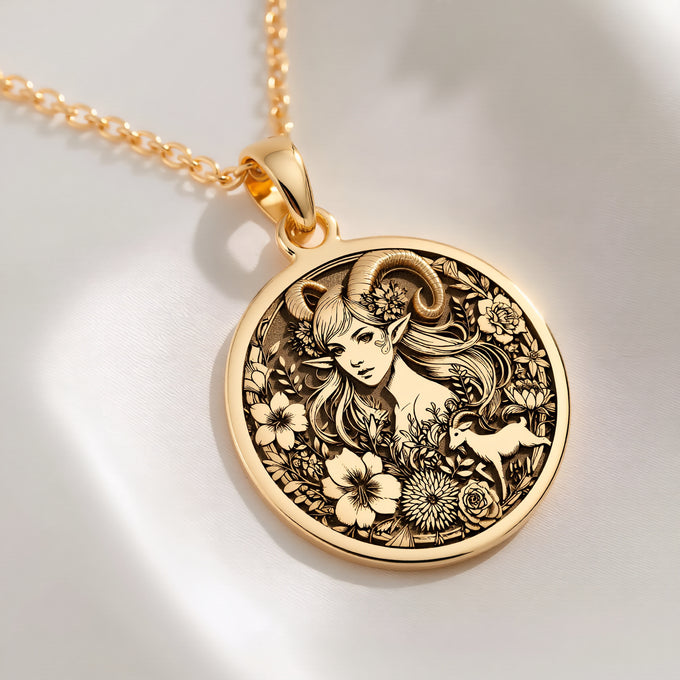 14K solid gold Capricorn Sea Goat Tail Zodiac Necklace: round  of Capricorn sea goat zo...