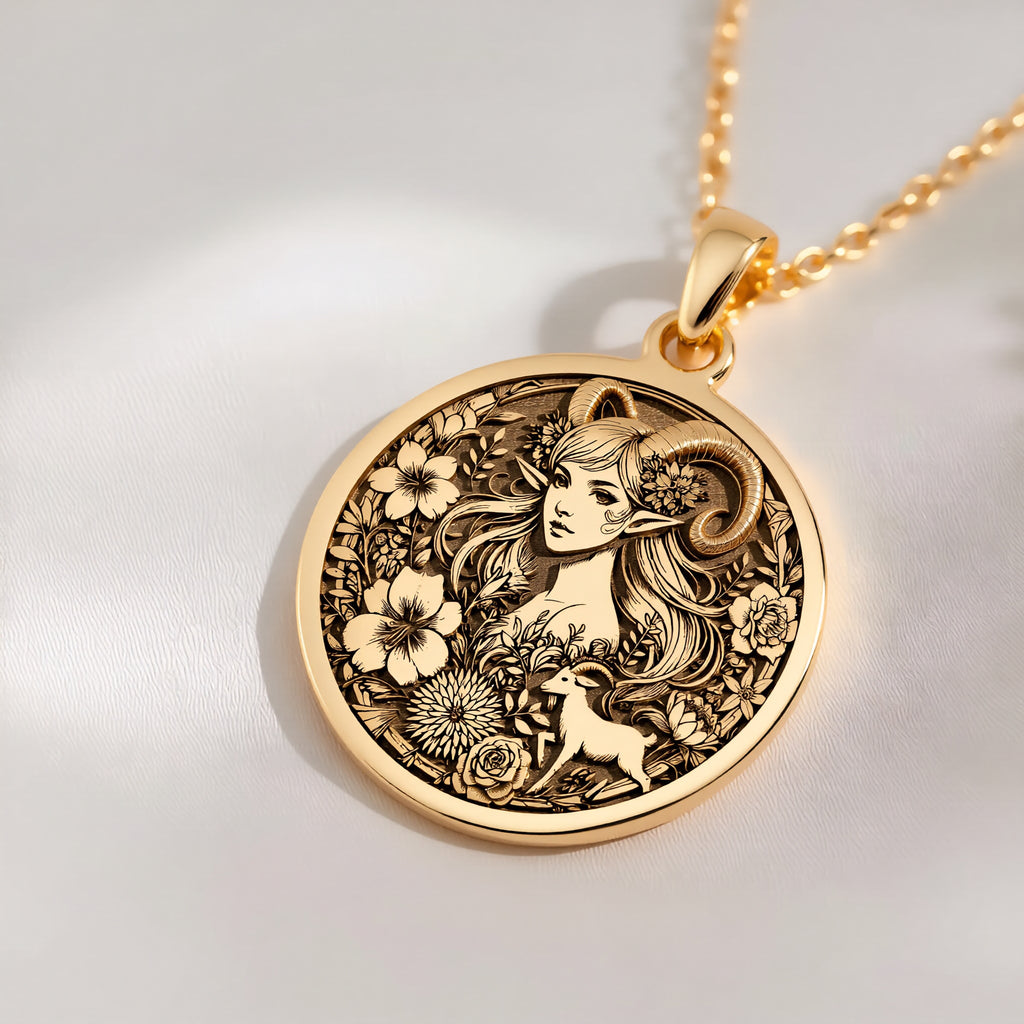 14K solid gold Capricorn Sea Goat Tail Zodiac Necklace: round  of Capricorn sea goat zo...