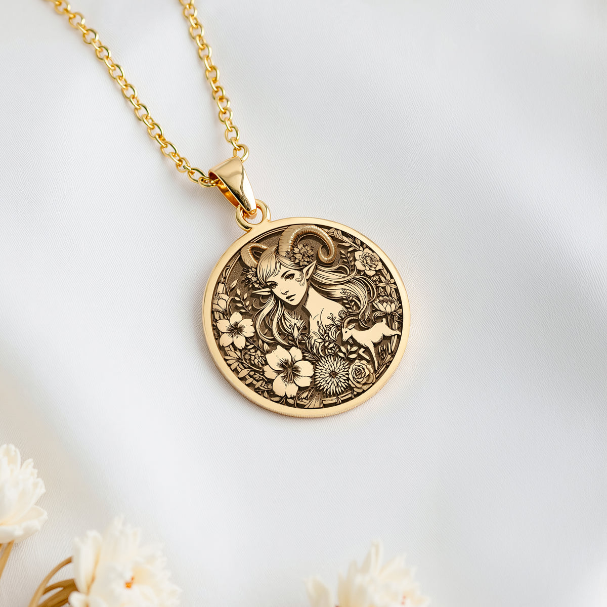 14K solid gold Capricorn Sea Goat Tail Zodiac Necklace: round  of Capricorn sea goat zo...