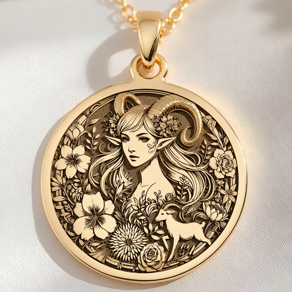 14K solid gold Capricorn Sea Goat Tail Zodiac Necklace: round  of Capricorn sea goat zo...