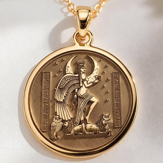 14K solid gold Underworld Queen Ereshkigal pendant. Ancient mythology protection talisman necklace jewelry. Polished gold art.
