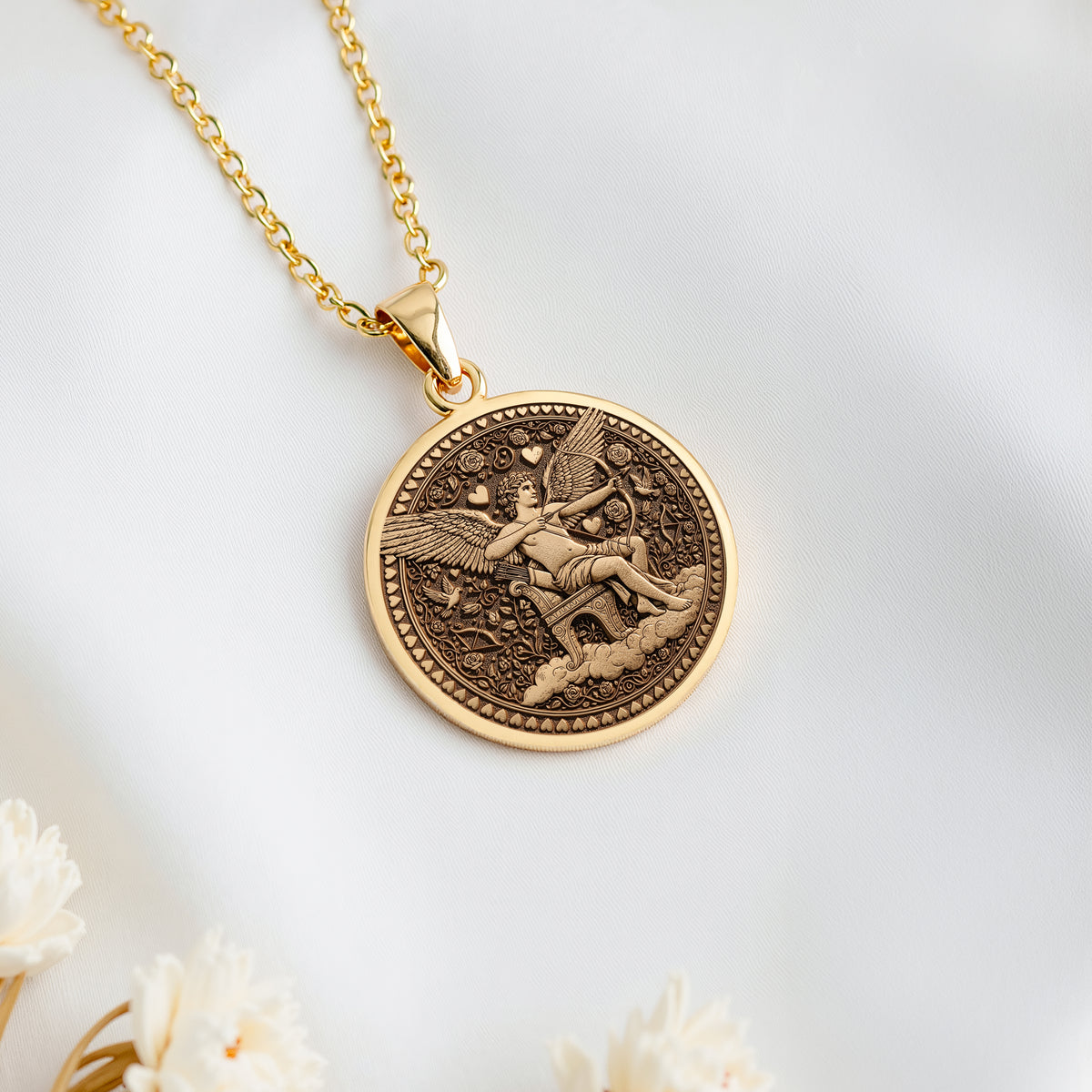 14K solid gold Cupid Eros God of Love Coin Pendant: round  of Cupid Eros Roman god of d...