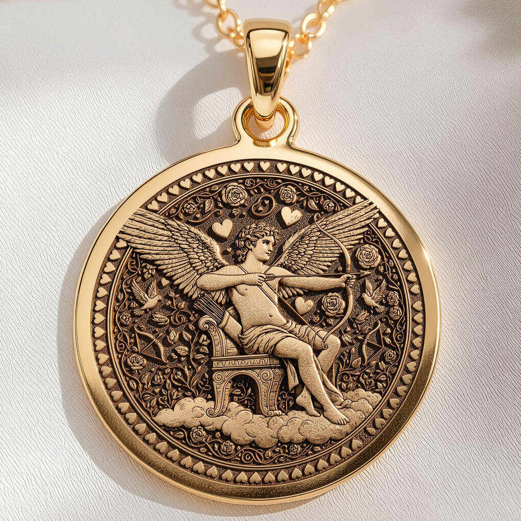 14K solid gold Cupid Eros God of Love Coin Pendant: round  of Cupid Eros Greek god with...