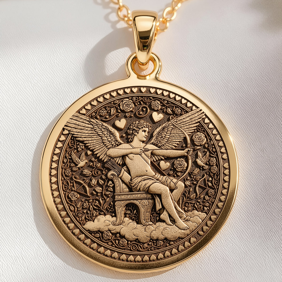 14K solid gold Cupid Eros God of Love Coin Pendant: round  of Cupid Eros Greek god with...