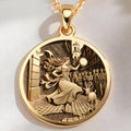 14K solid gold Esmeralda coin pendant necklace. Polished antique gold coin with ancient mythology history buff jewelry theme.
