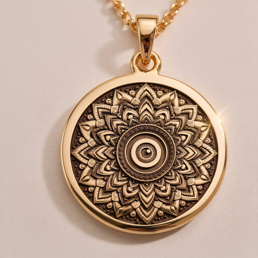 Sterling Silver Sacred Mandala Evil Eye Pendant with detailed geometric design. Handcrafted silver coin charm featuring lotus mandala with protective evil eye center. Protection jewelry celebrating spiritual balance and guardianship.