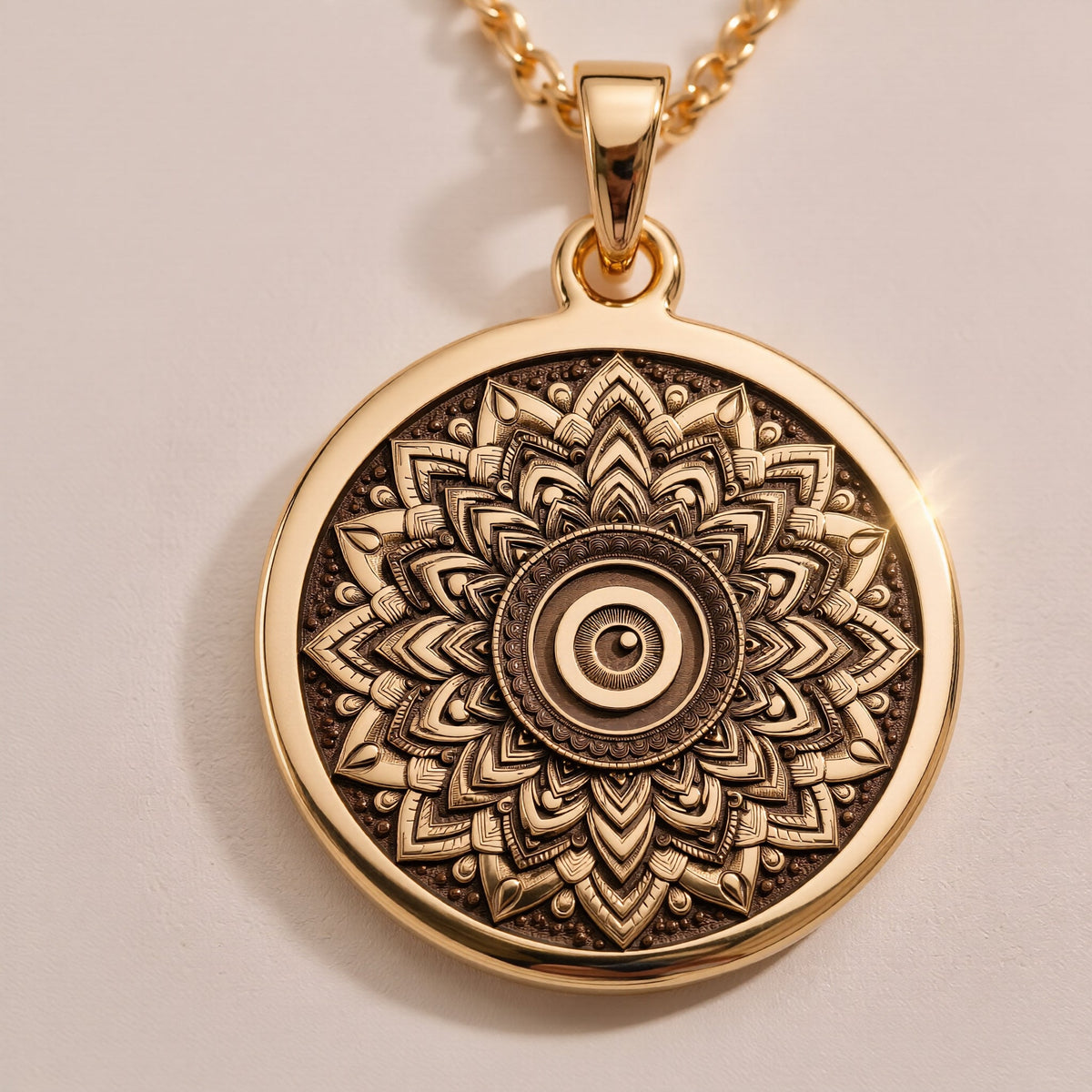 Sterling Silver Sacred Mandala Evil Eye Pendant with detailed geometric design. Handcrafted silver coin charm featuring lotus mandala with protective evil eye center. Protection jewelry celebrating spiritual balance and guardianship.
