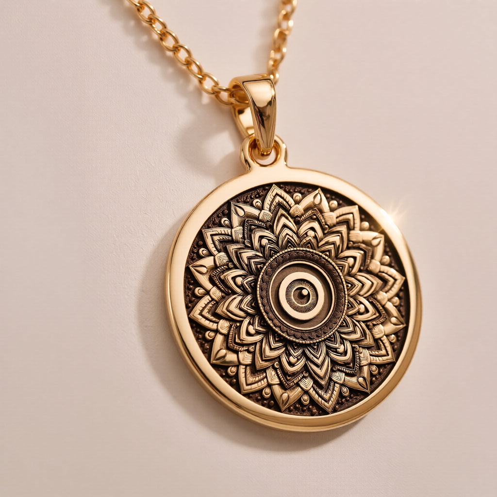 Rose Gold Plated Sacred Mandala Evil Eye Medallion featuring intricate lotus petals with protective evil eye center and spiritual symbolism. Elegant protection jewelry with detailed mandala design. Warm-toned spiritual talisman.