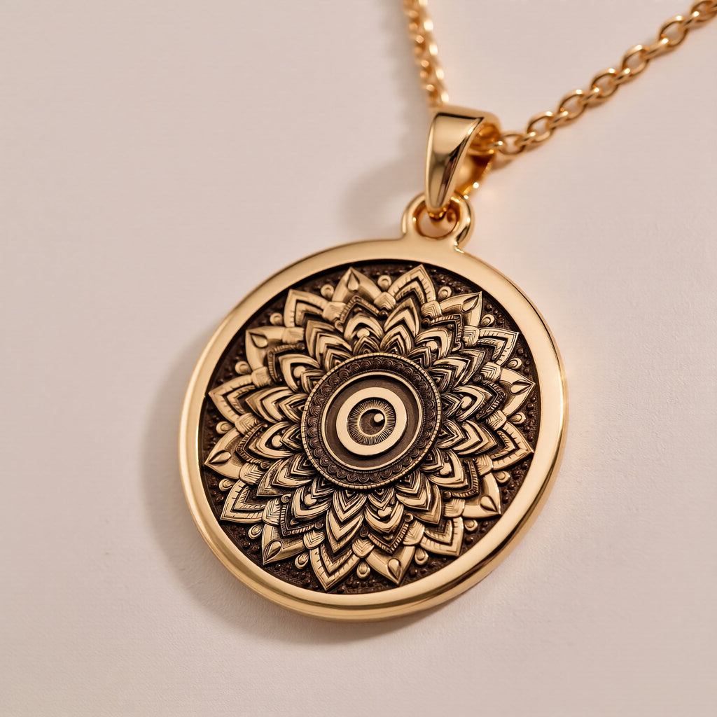 Rose Gold Plated Sacred Mandala Evil Eye Pendant with protection design. Warm-toned meditation medallion with detailed lotus petals and evil eye center. Spiritual jewelry celebrating protection, perfect evil eye gift.