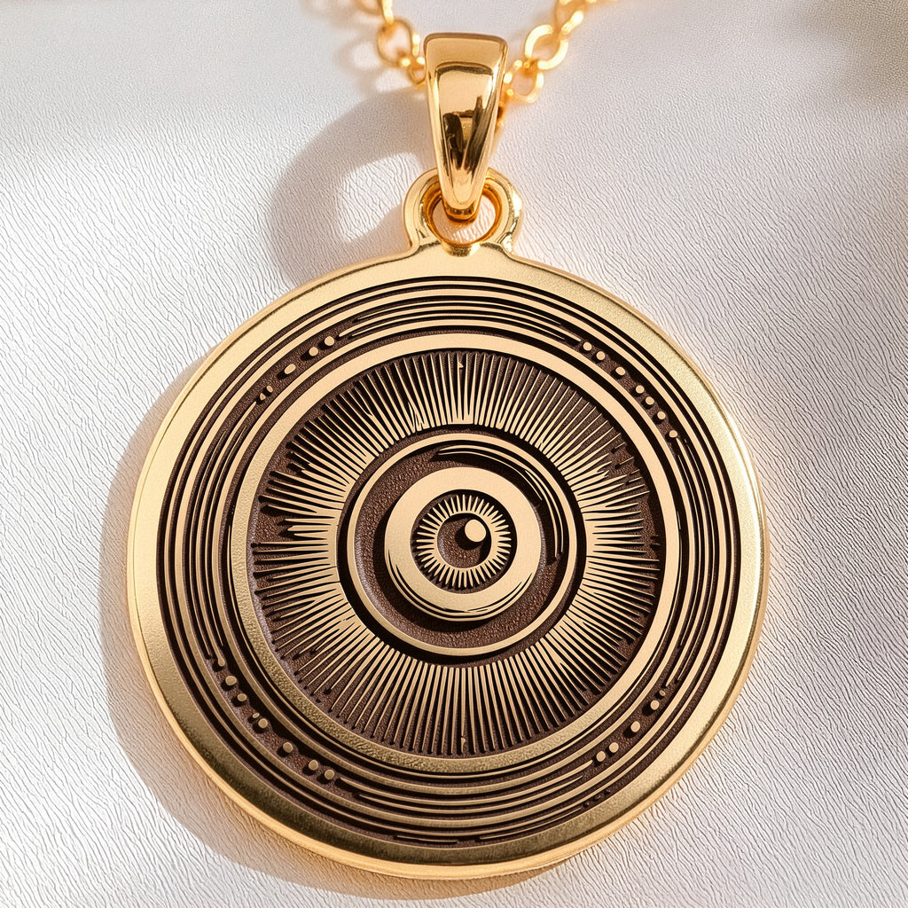 Evil Eye Pendant Necklace Necklaces 14K 14K Gold Plated sunburst pendant necklace with radiating lines and circular design.