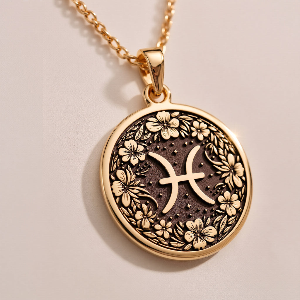 Personalized Sterling Silver Pisces Necklace with its classic glyph and flower details. This spiritual and engravable pendant is a perfect custom gift for astrology enthusiasts and Pisces.