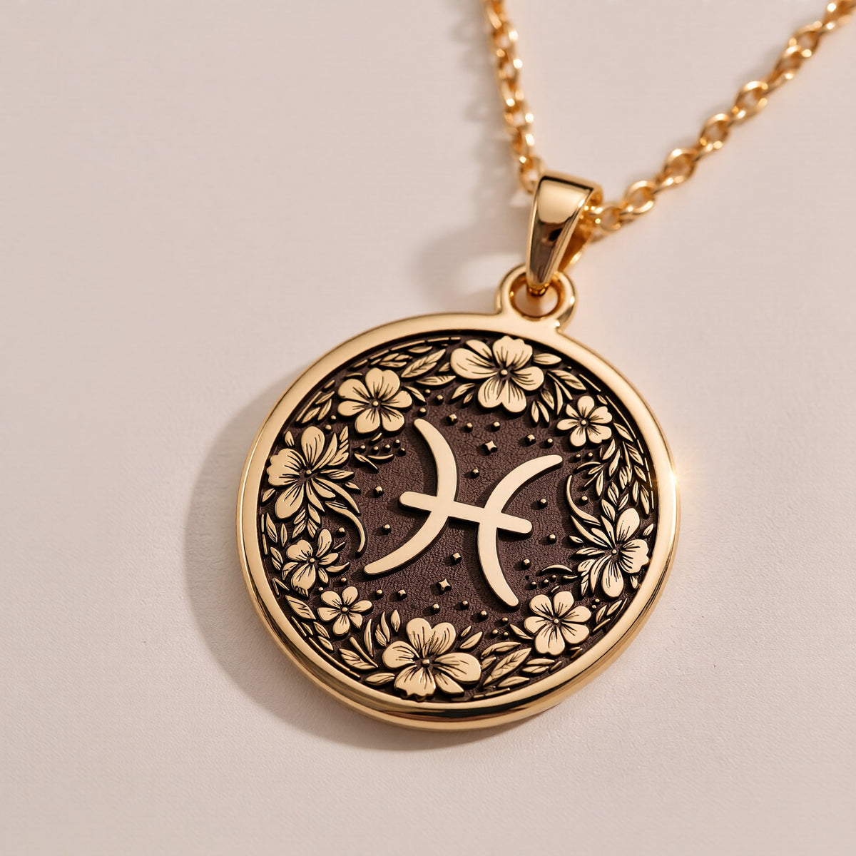 A silver pendant necklace with a circular medallion featuring a floral design and the symbol of the zodiac sign, which is the Pisces sign. The necklace is surrounded by white flowers, creating a serene and elegant composition.