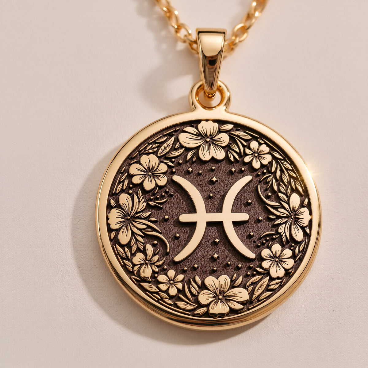 Rose Gold Plated Pisces Zodiac Medallion with an ornate floral border. This warm-toned celestial pendant is customizable with engraving, an elegant horoscope gift representing artistic spirit.