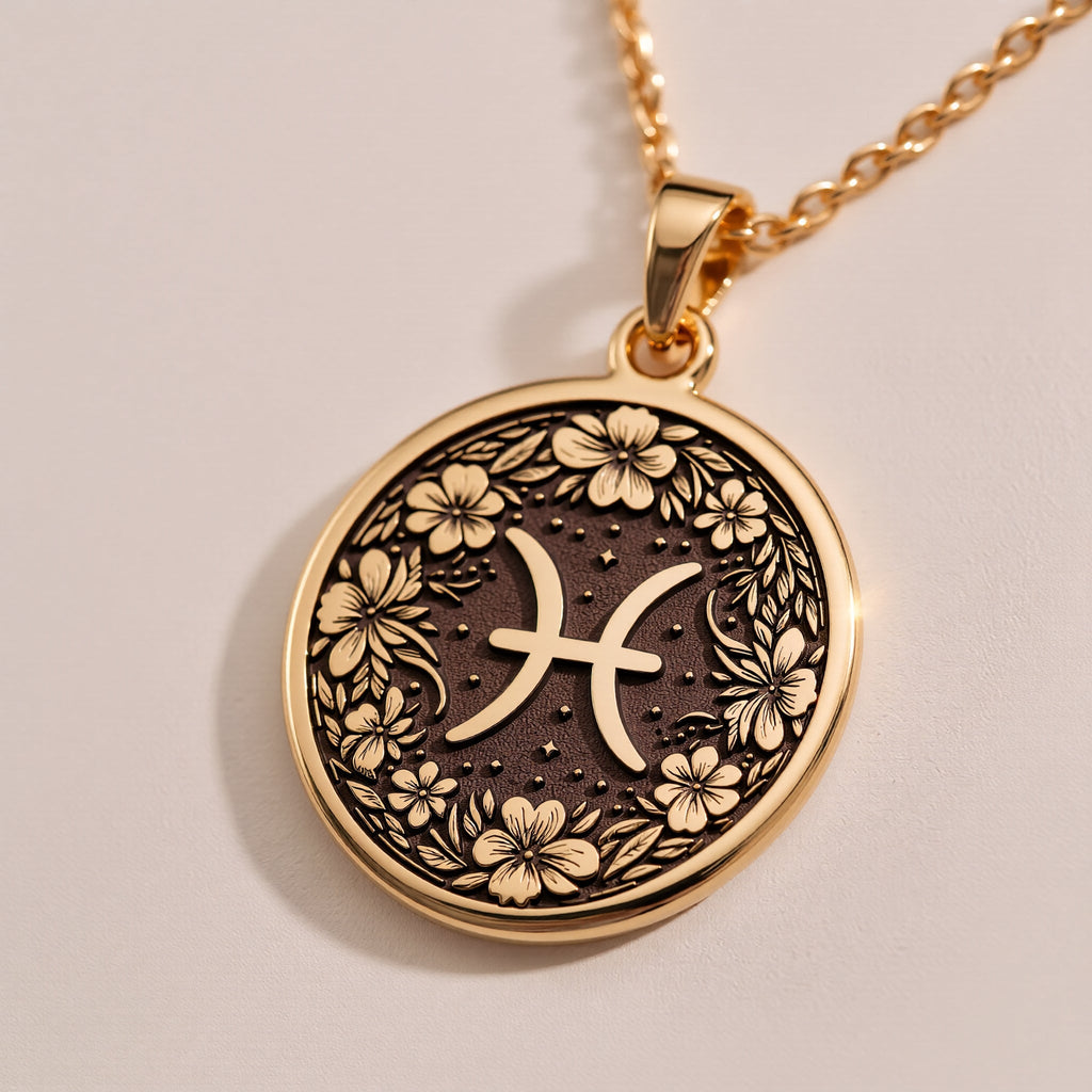 Engravable Rose Gold Plated Pisces Pendant on a textured surface. The floral horoscope symbol medallion is a perfect personalized gift for a March or February birthday. Customizable jewelry.