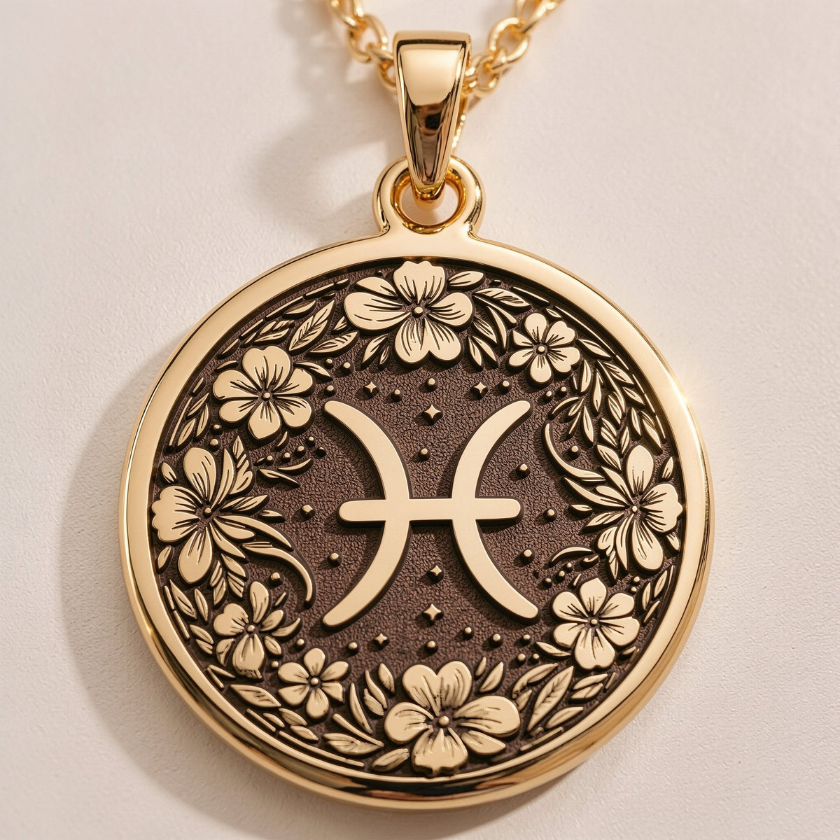 Pisces Zodiac Floral Medallion Necklace Necklaces size chart with pendant dimensions and chain length options