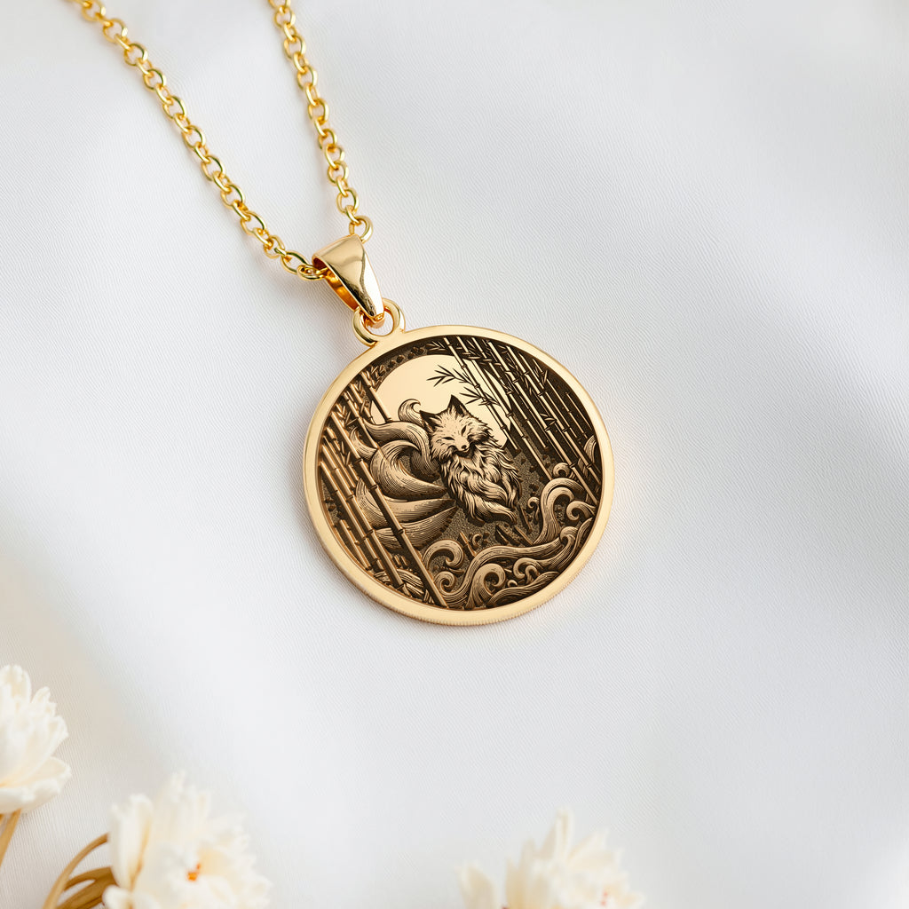 14K solid gold Nine: round  Japanese folklore kitsune nine-tailed fox with engraved bam...