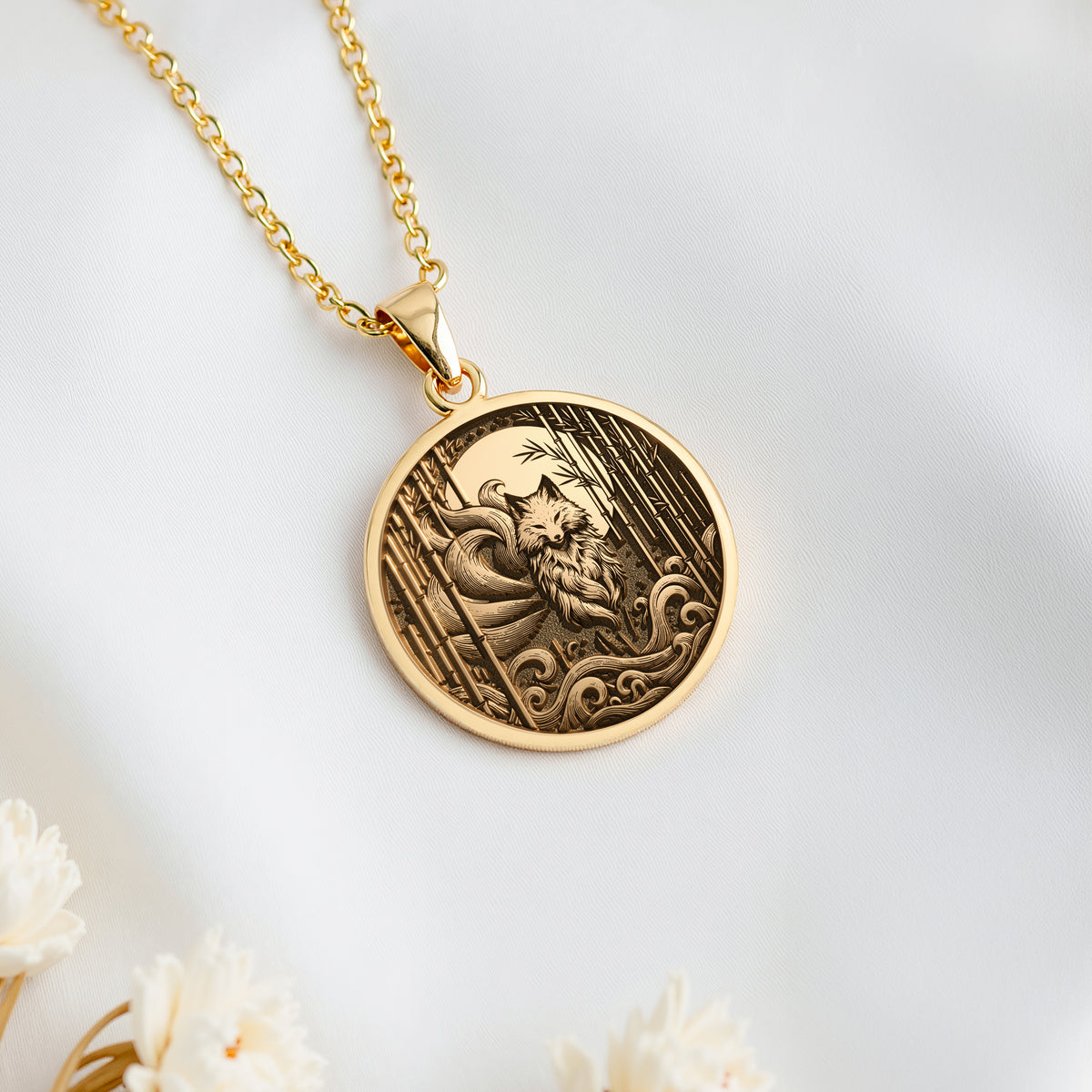 14K solid gold Nine: round  Japanese folklore kitsune nine-tailed fox with engraved bam...