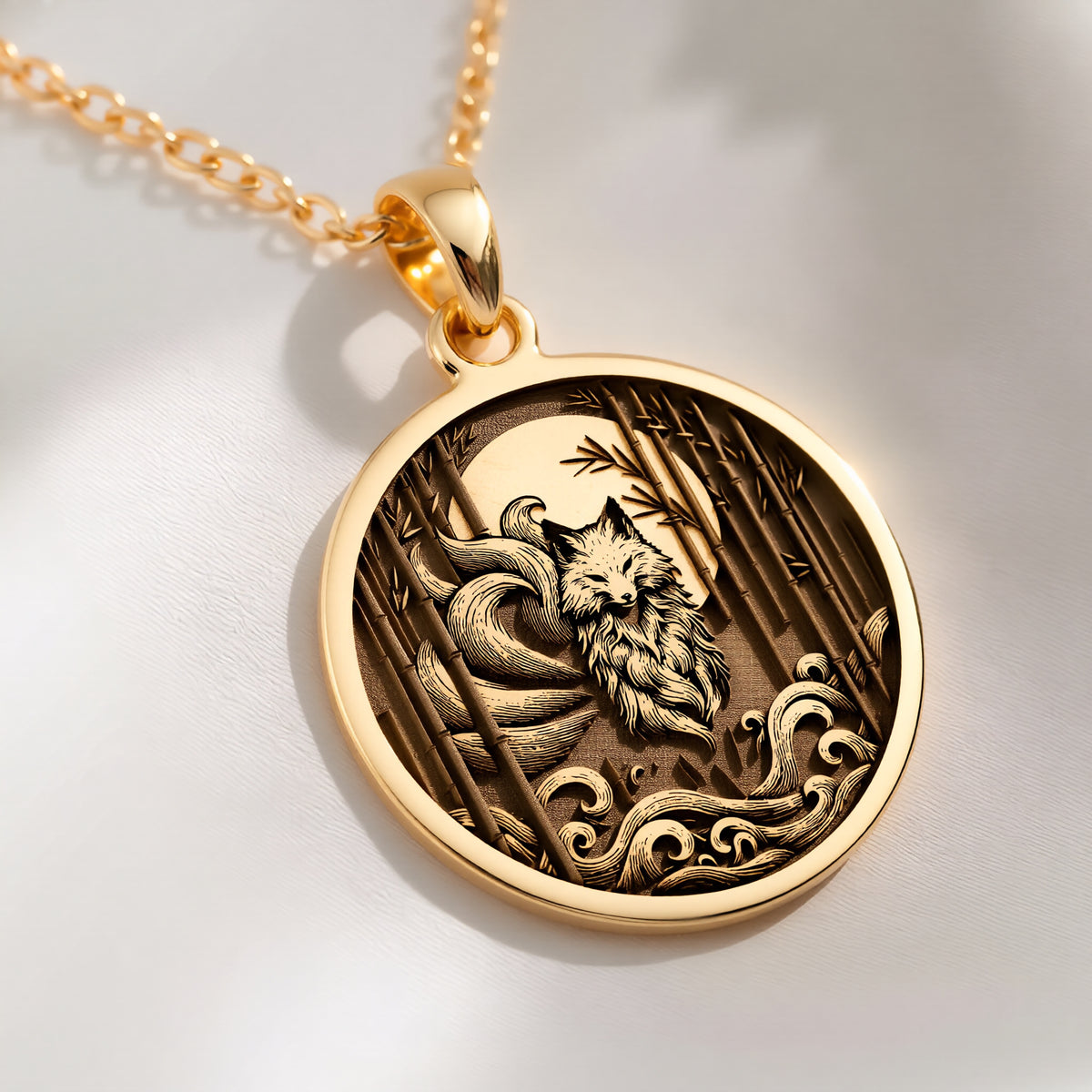 14K solid gold Nine: round  nine-tailed fox kitsune with engraved bamboo stalks moon fa...