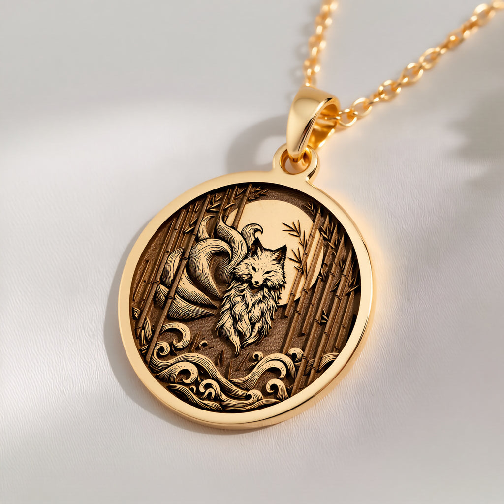 14K solid gold Nine: round  nine-tailed fox kitsune with engraved bamboo stalks moon wa...