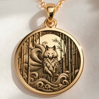 14K solid gold Nine: round  of Japanese Kitsune nine-tailed fox deity with engraved bam...