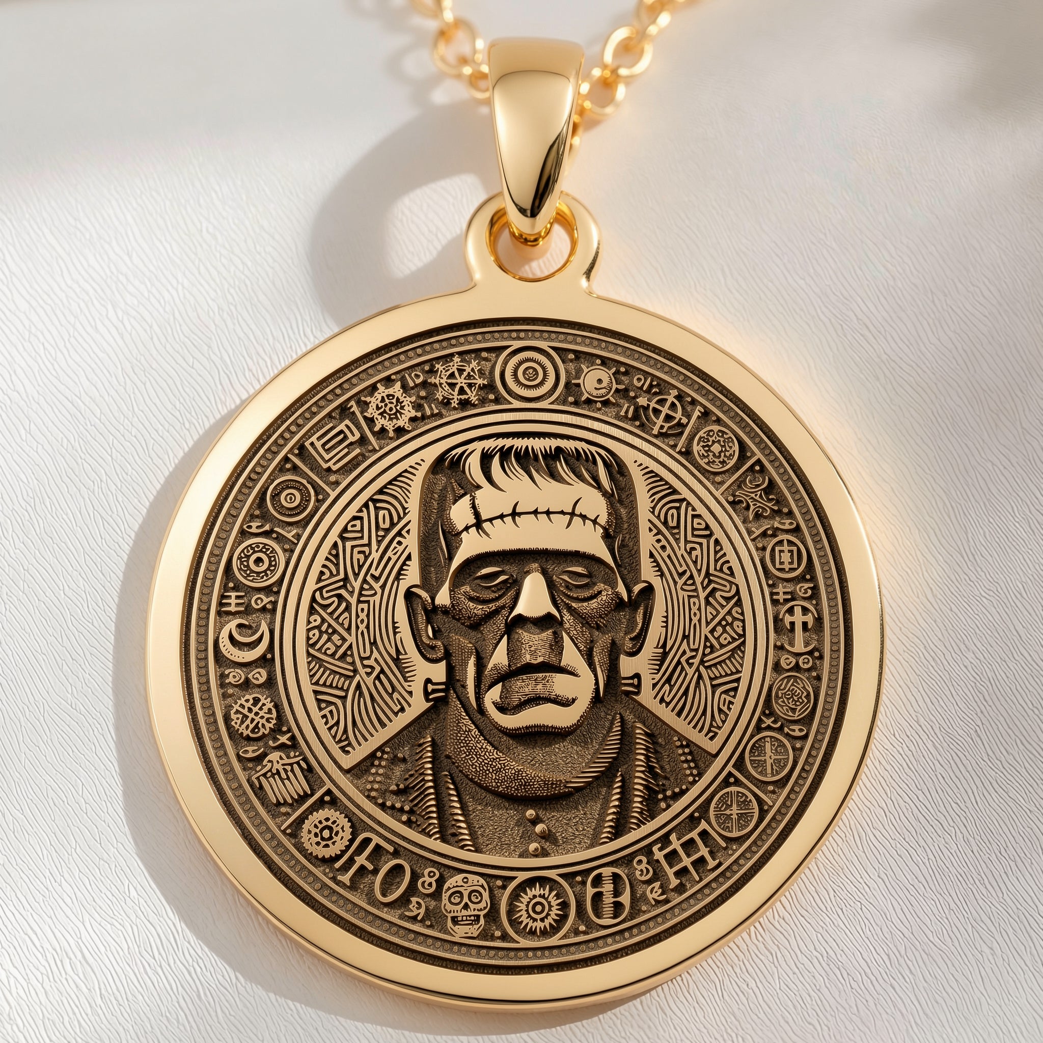 Frankenstein-Monster-Amulett-Anhänger | 14K Massivgold - Geschenk aus der Horrormythologie