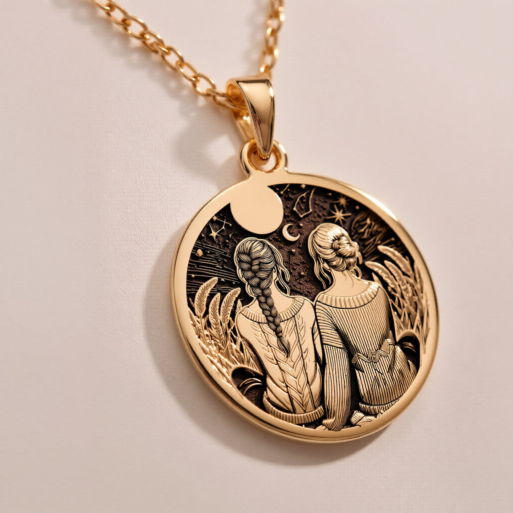 Friendship Friendship Necklace Necklaces 14K Rose 14K 14K Rose Gold Plated pendant necklace featuring two intertwined figures design on a round disc.