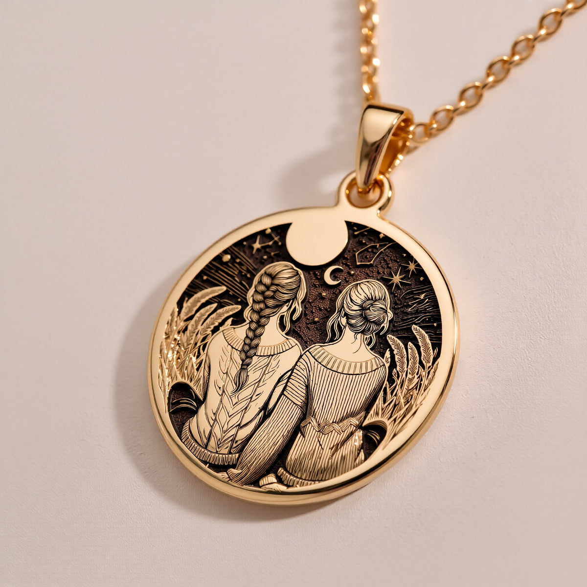 Friendship Friendship Necklace Necklaces 14K Rose 14K 14K Rose Gold Plated pendant necklace featuring two embracing figures design on a round disc.