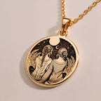 Friendship Friendship Necklace Necklaces 14K Rose 14K 14K Rose Gold Plated pendant necklace featuring two embracing figures design on a round disc.
