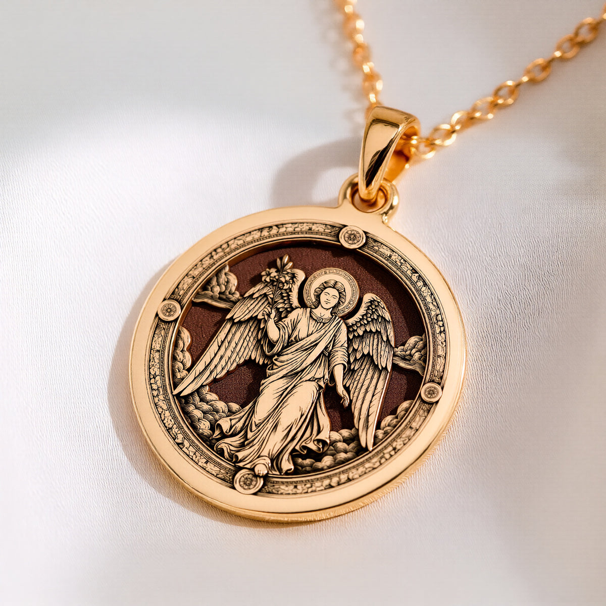 Archangel Gabriel Trumpet Medallion Necklace Pendants 14K 14K Gold Plated pendant necklace featuring an angel with wings design on a round disc.