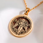 Archangel Gabriel Trumpet Medallion Necklace Pendants 14K 14K Gold Plated pendant necklace featuring an angel with wings design on a round disc.
