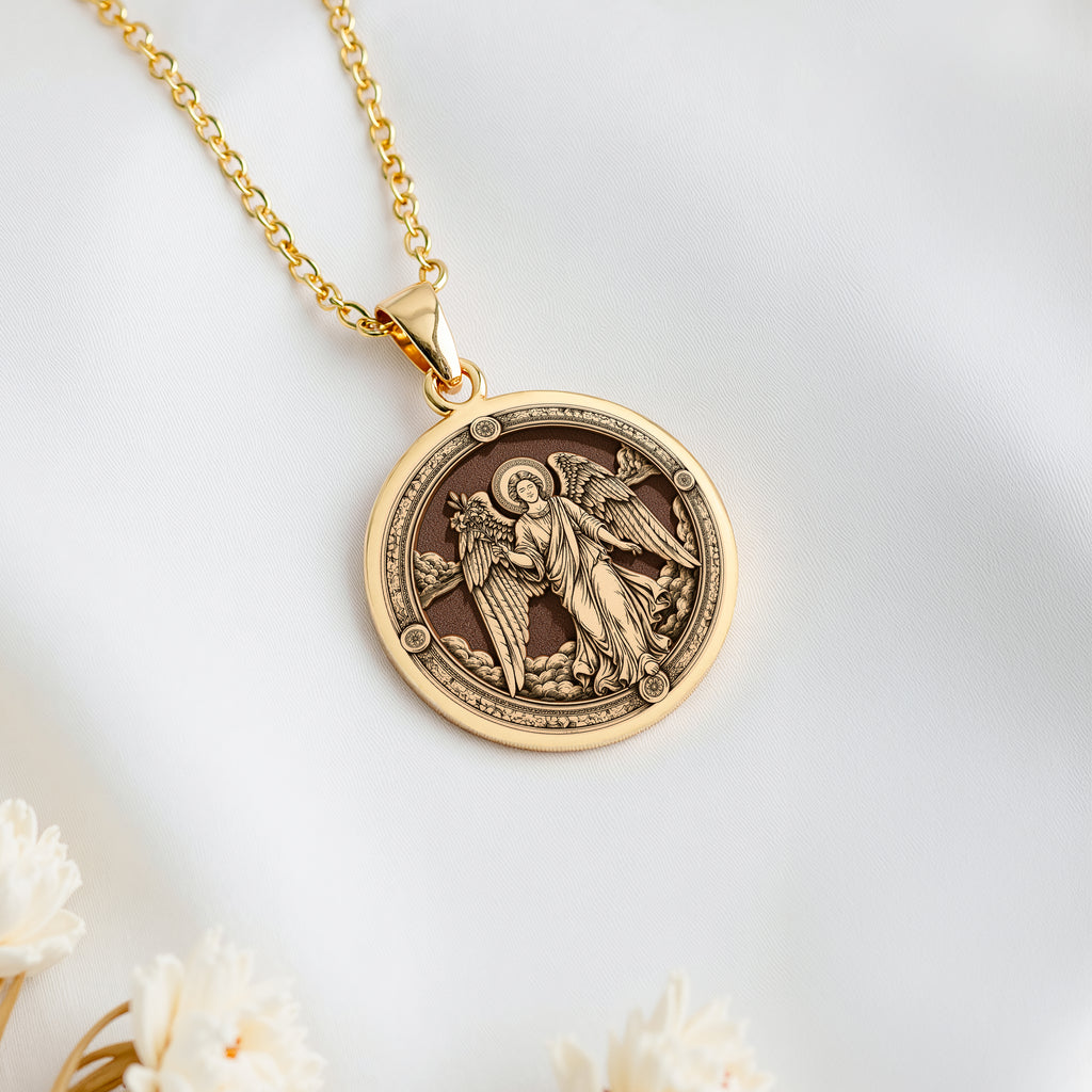Archangel Gabriel Trumpet Medallion Necklace Pendants 14K 14K Gold Plated pendant necklace featuring winged angels design on a round medallion.
