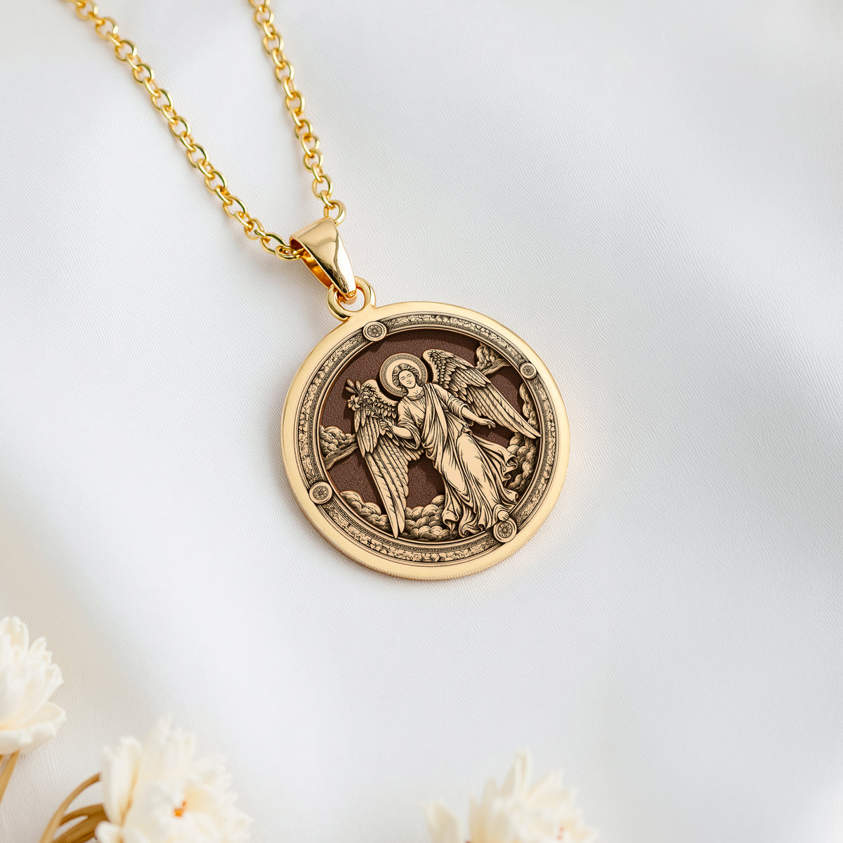 Archangel Gabriel Trumpet Medallion Necklace Pendants 14K 14K Gold Plated pendant necklace featuring winged angels design on a round medallion.